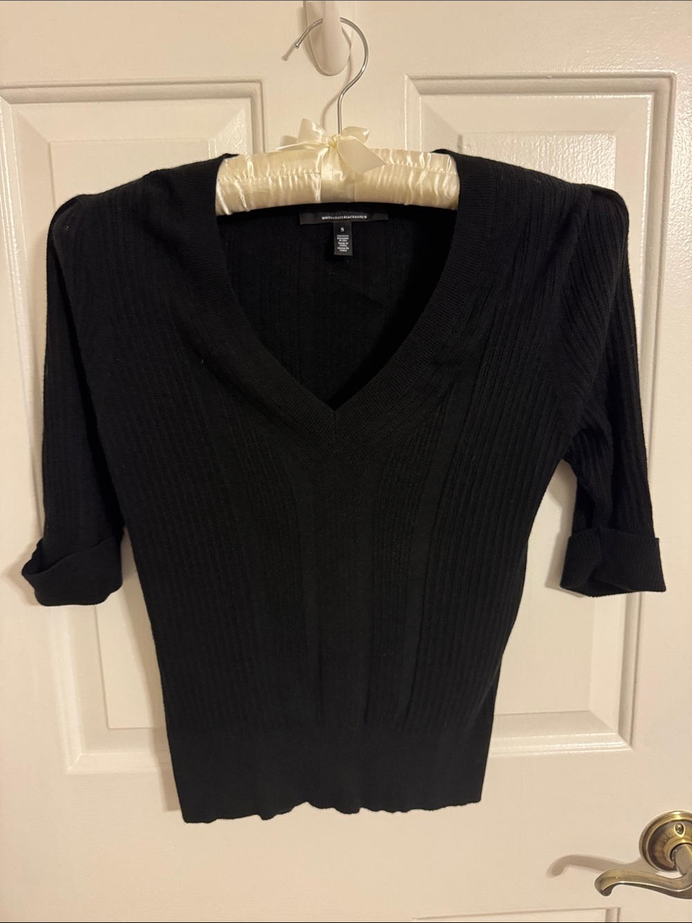 White House Black Market Black Ribbed V-Neck Top